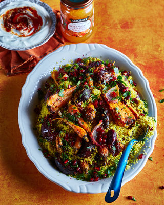 Roasted Root Vegetables with a Sticky Marmalade Glaze, Couscous & Harissa Yoghurt