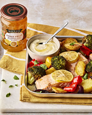 Citrussy baked salmon with new potatoes peppers, broccoli and citrus creme fraiche
