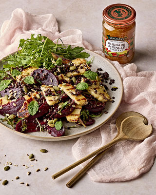 Roasted beetroot, glazed halloumi and lentil salad with a rhubarb and ginger dressing